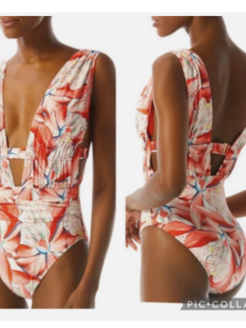 Carmen Marc Valvo Ruched DEEP Plunge floral ONE Piece Sz 6